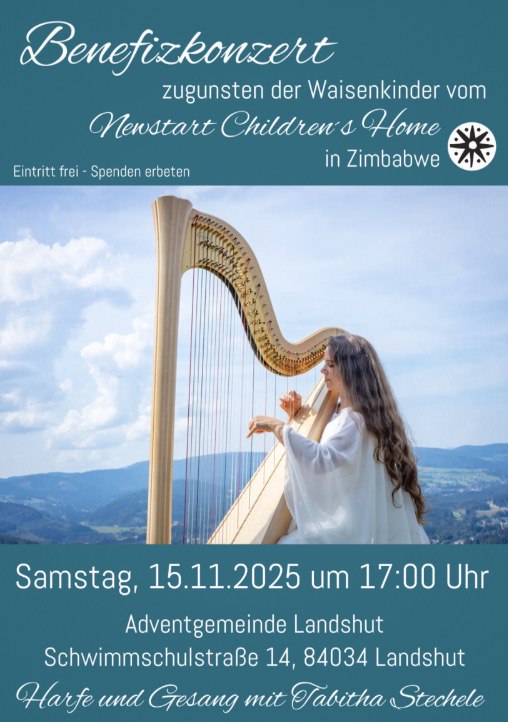 Benefizkonzert am 15.11.2025 mit Tabitha Stechele Benefizkonzert am 15.11.2025 mit Tabitha Stechele - Gesang und Harfe in der Adventgemeinde Landshut